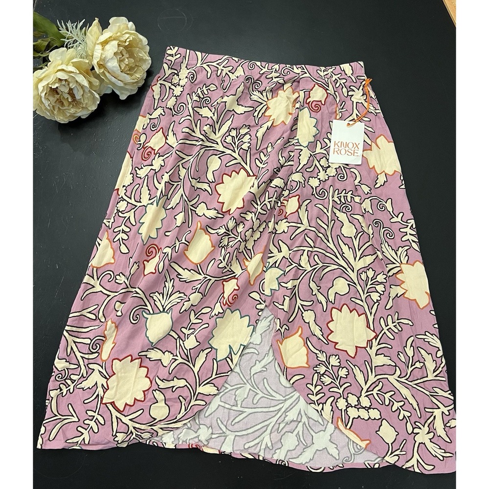Knox Rose NWT Pink/Purple Colorful Floral Tulip Slit PullOn Knee Length Skirt M